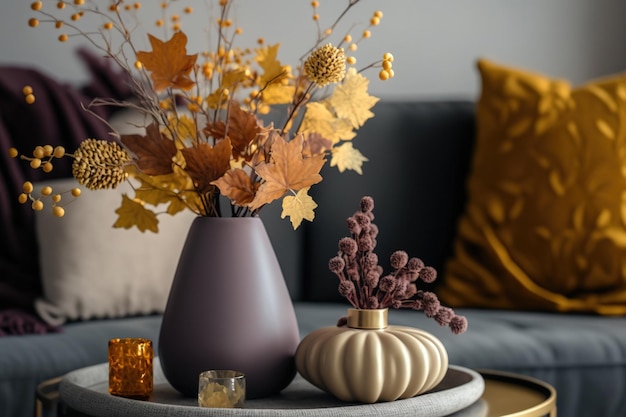 Home decoration in fall colors Flowers in vase on table in living room Close up copy space