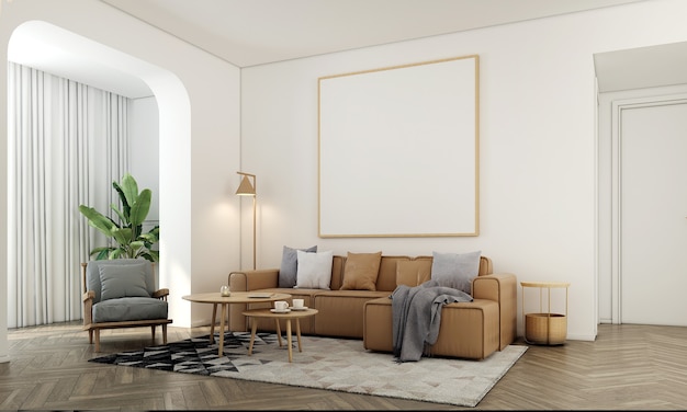 Home and decoration mock up furniture and interior design of living room and empty frame canvas on the white wall texture background 3d rendering