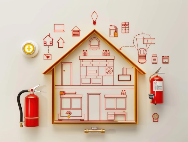 Photo home fire safety checklist smoke alarm fire extinguisher escape plan icons safety symbols in house outline white backdrop emergency contact info ar 43 job id 13b11b97277142699b44370c5d4e27f4