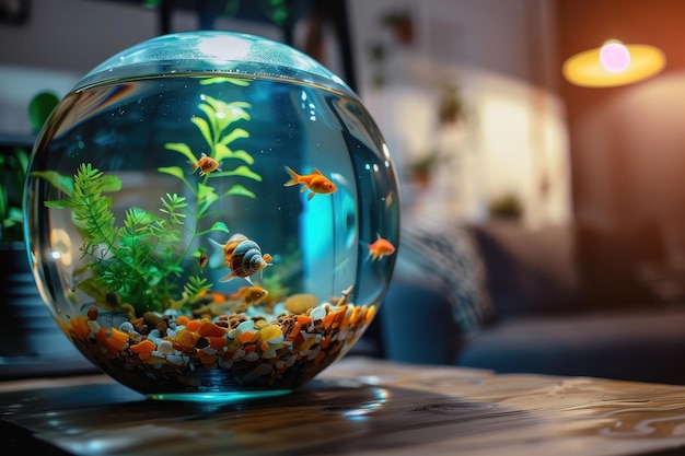 Photo home fishbowl with colorful freshwater animals on table