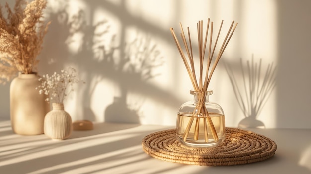 Photo home fragrance diffuser featuring rattan reed sticks