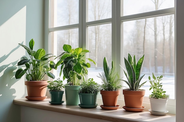 Home garden with green potted house plants on flower stand near windows and on windowsills in sunny winter day