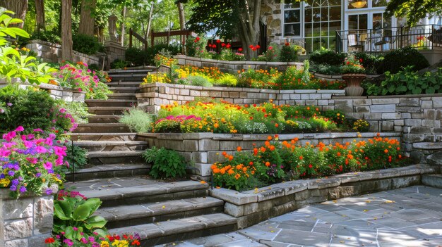 Home garden with stone retaining walls design of luxury house backyard or terraced landscaped yard Concept of landscaping flower summer nature