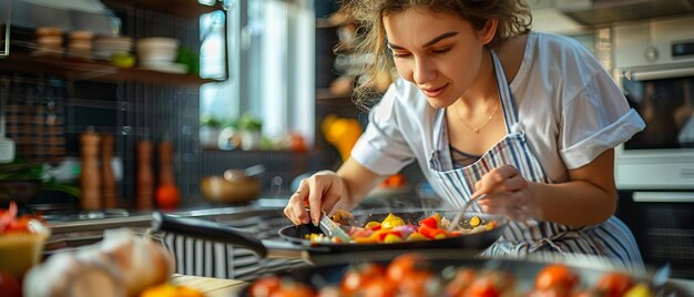 Photo home gas cooker with woman cooking meat