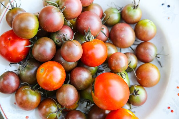 Home grown tomatoes on the plate. Ecologically friendly vegetables from personal garden.