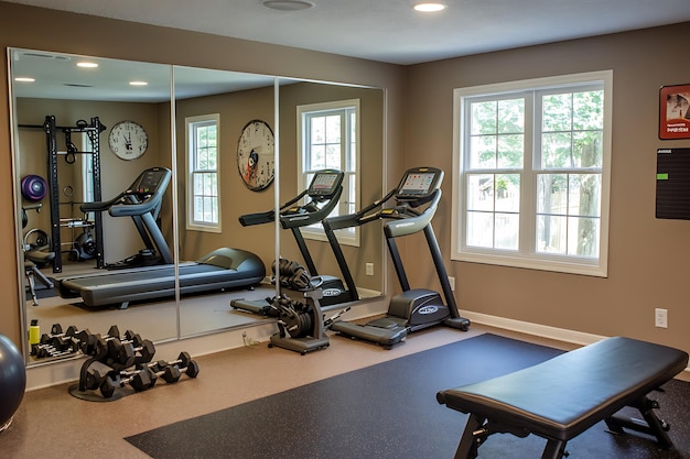 Home Gym Interior with Treadmills and Weight Bench