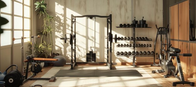 Photo home gym setup in bright apartment with modern workout equipment and motivating space design