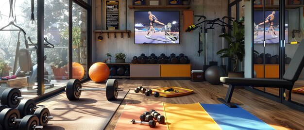 Photo home gym with diverse fitness equipment