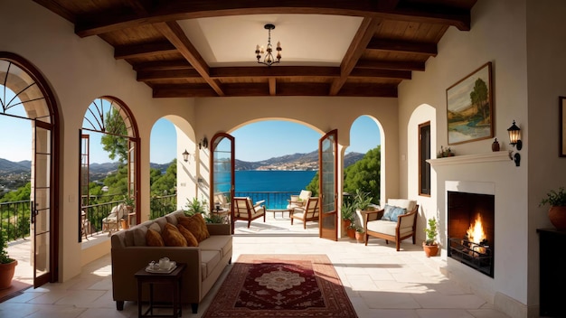 The home has a view of the ocean and the mountains.