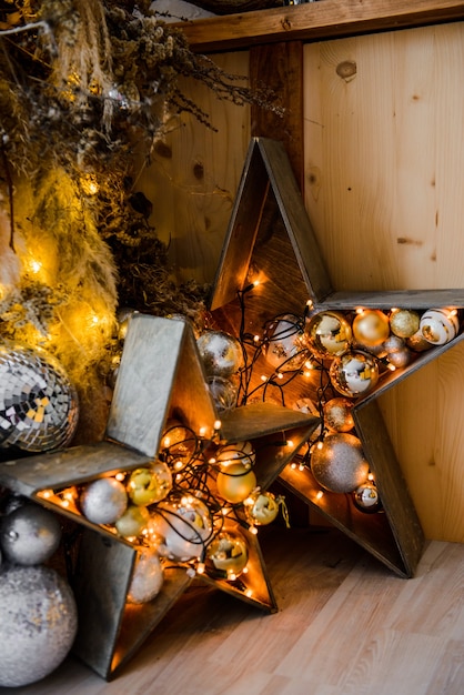 Home holiday decor wooden star and Christmas lights