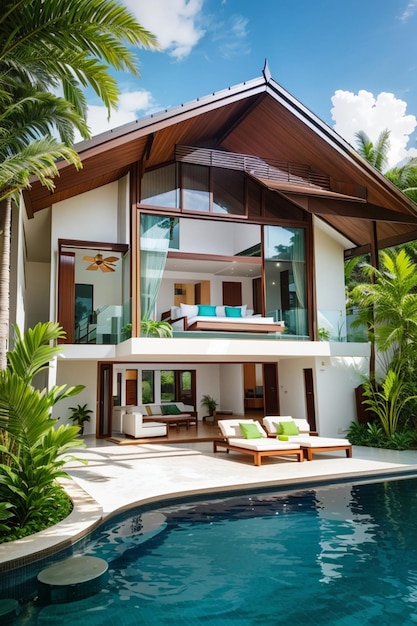 home or house building Exterior and interior design showing tropical pool villa with green garden