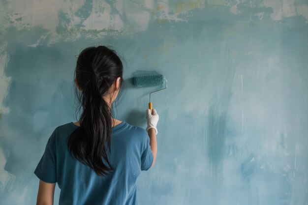 Home Improvement Woman Painting Blue Wall with Roller Renovation Process