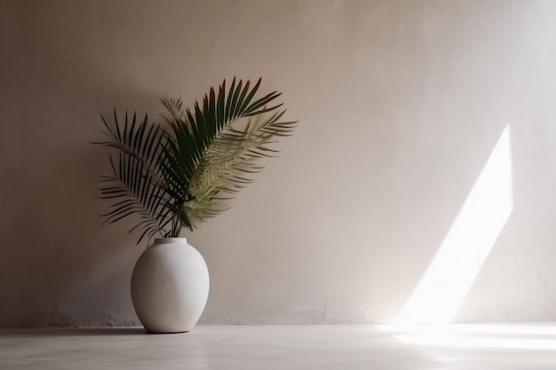 Home indoor wall shadows palm sunlight concrete tree design decor vase interior Generative AI