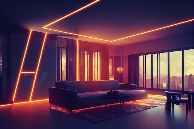 Home interior in anime style neon backlight contours View from the window on cyberpunk city