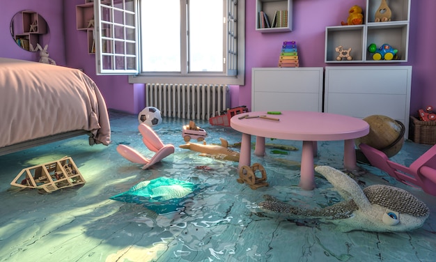 Home interior, bedroom with flooded toys