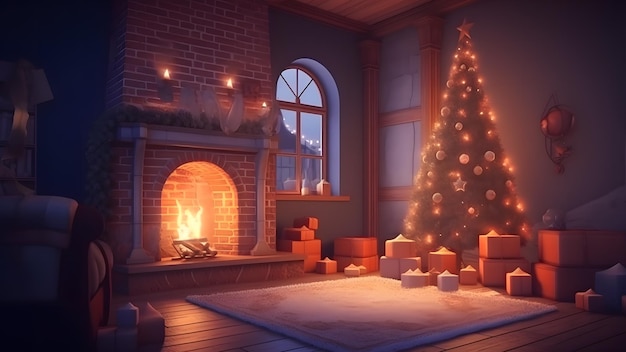 Home interior christmas Magic glowing tree and fireplace