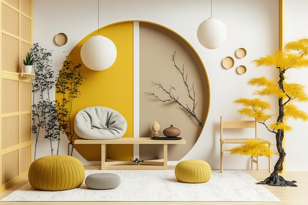 Home interior design in japanese style in white and yellow tones wabi sabi living room wall mockup rattan hanging chairs with decors illustration