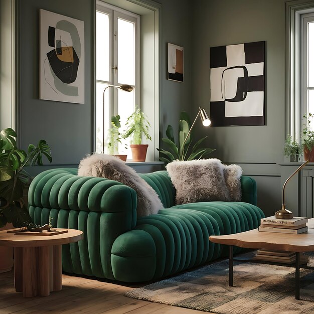 Home interior green sofa table and decor in living room