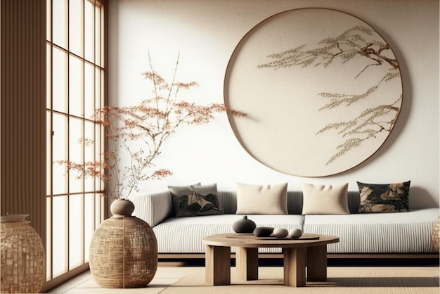 Home interior in japanese style wall mockup in living room background Generative AI