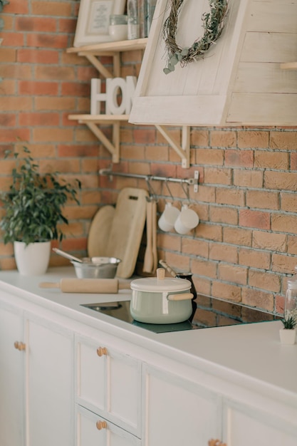 home interior kitchen in light beige shades