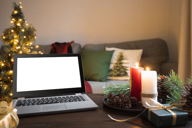 Home interior in living room with laptop