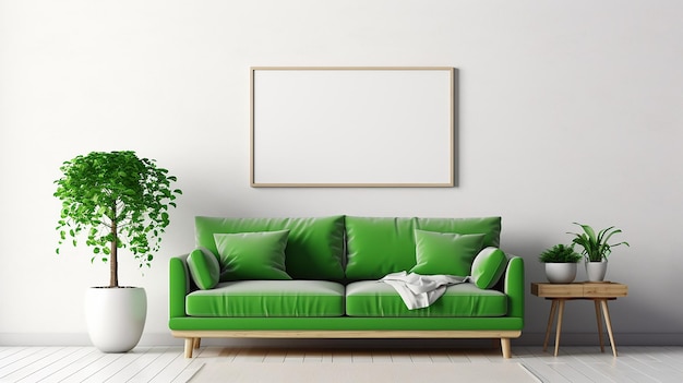 Home interior mock up with green sofa wooden table Generative AI