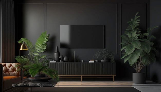 Home interior modern dark living room interior black Ai generative