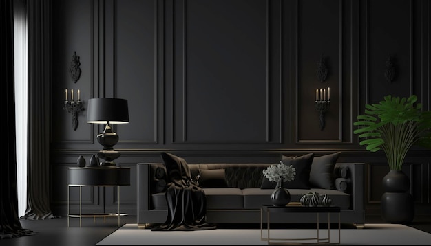 Home interior modern dark living room interior black Ai generative