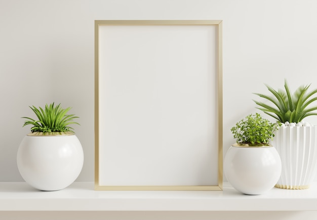 Home interior poster mock up with vertical metal frame with ornamental plants in pots