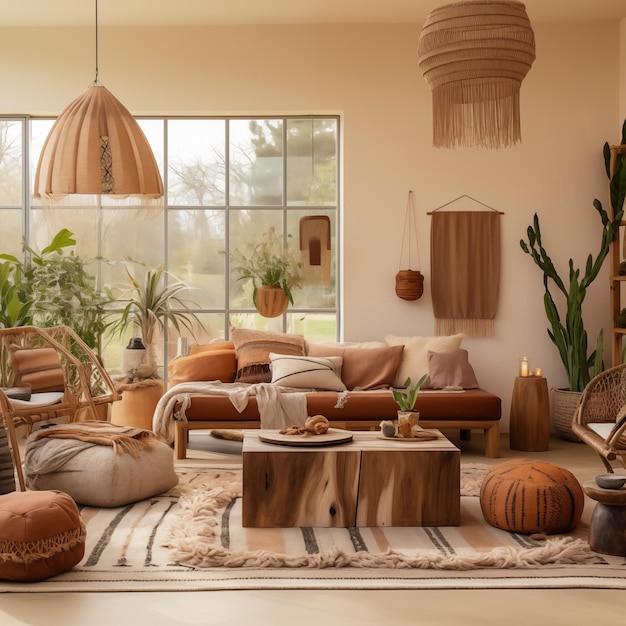 Home interior with ethnic boho decoration living room in brown warm color