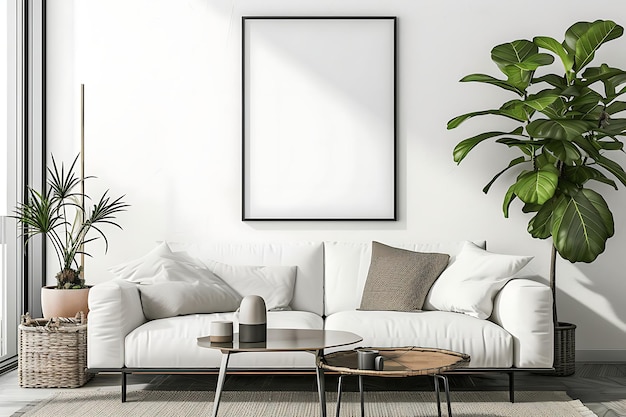 Home Interior with a white Frame Poster Mockup Modern Interior Design 3D Render with ISO