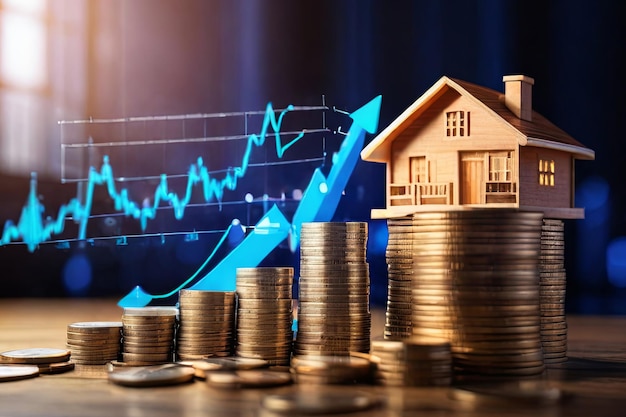 Home Investment Growth Model house stacked coins and upward arrow on virtual screen