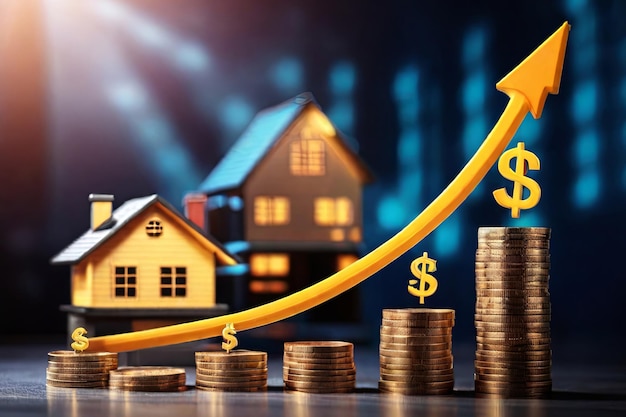 Home Investment Growth Model house stacked coins and upward arrow on virtual screen