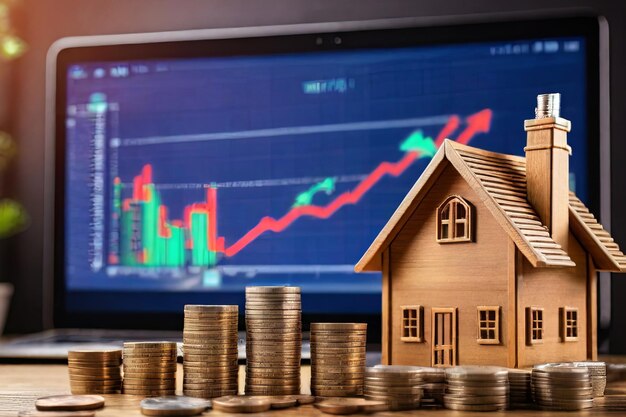 Home Investment Growth Model house stacked coins and upward arrow on virtual screen