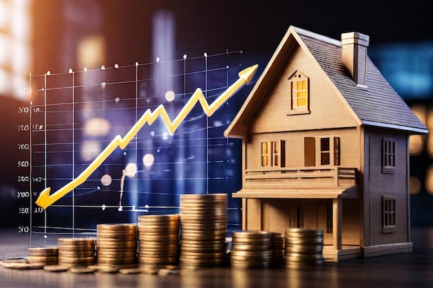 Home Investment Growth Model house stacked coins and upward arrow on virtual screen