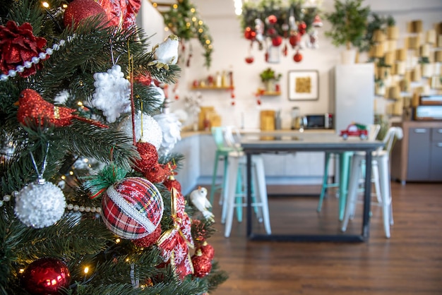 Home kitchen interior decorated for christmas and new year celebration no people