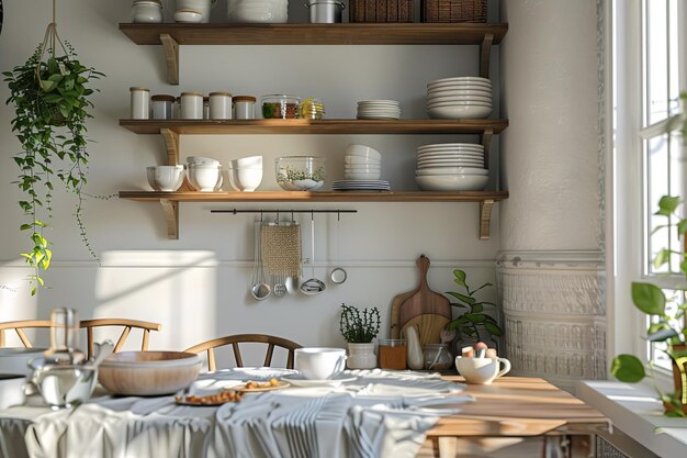 Home kitchen interior eating table shelf with kitchenware mockup frame