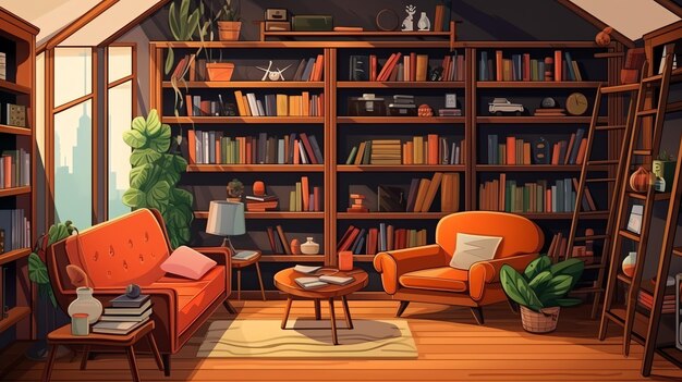 Photo home library flat design top view intellectual space cartoon drawing complementary color scheme