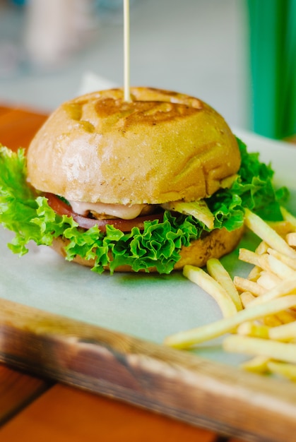 Home made chicken burger with french fries