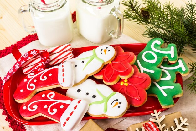 Home made Christmas cookies decorated with colorful icing.