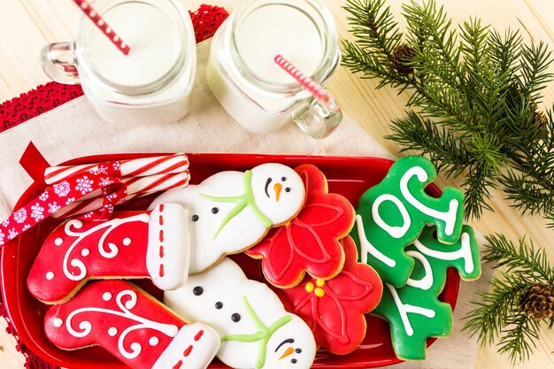 Home made Christmas cookies decorated with colorful icing.