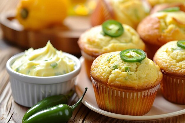 Photo home made cornbread muffins with spicy jalapeno pepper with butter spread