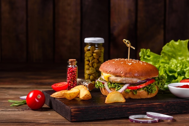 Home made hamburger with lettuce and cheese. Close-up of home made tasty burgers on wooden table