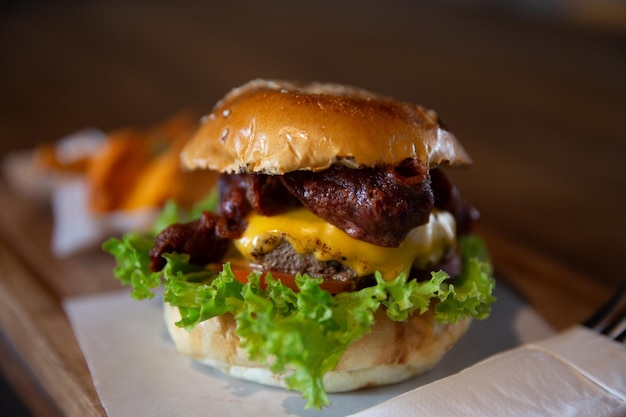 Home made hamburger with lettuce and cheese