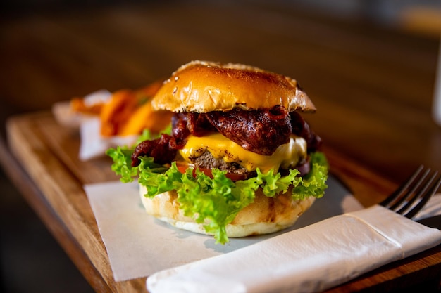 Home made hamburger with lettuce and cheese