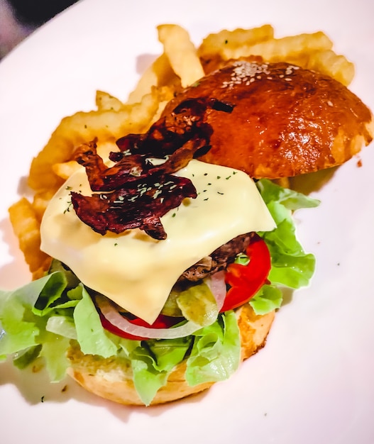 Home made tasty hamburger and fried potatoes