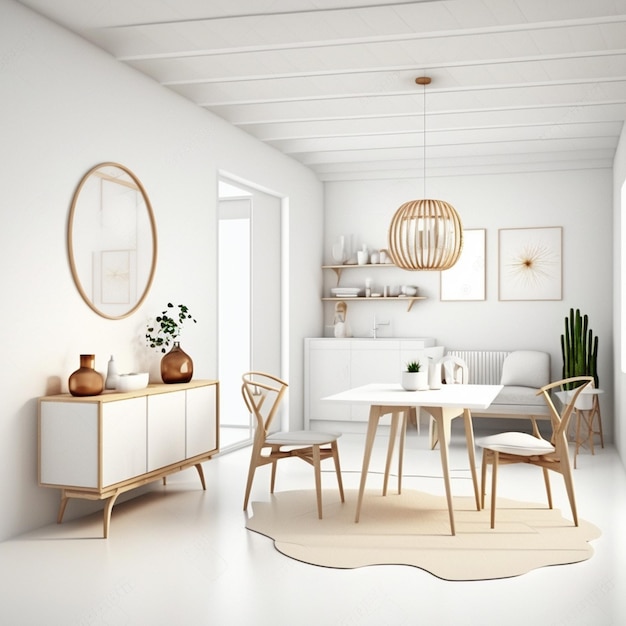 Home Mock up A White Room Adorned with Natural Wooden Furniture Generative AI