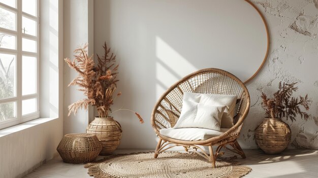 Photo home mockup bedroom interior background with rattan furniture and blank wall coastal style