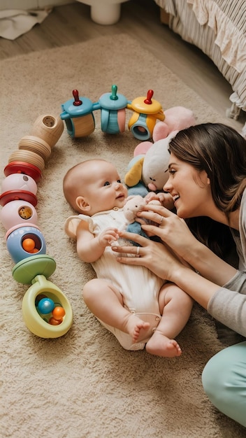 Home mom and baby with toys for bonding playing and child development on floor in nursery