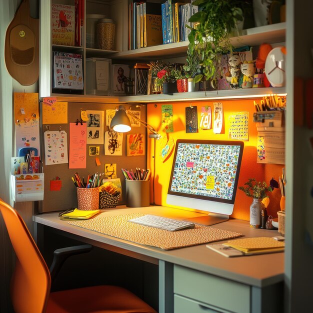 Photo a home office desk with a computer desk lamp and colorful decorations